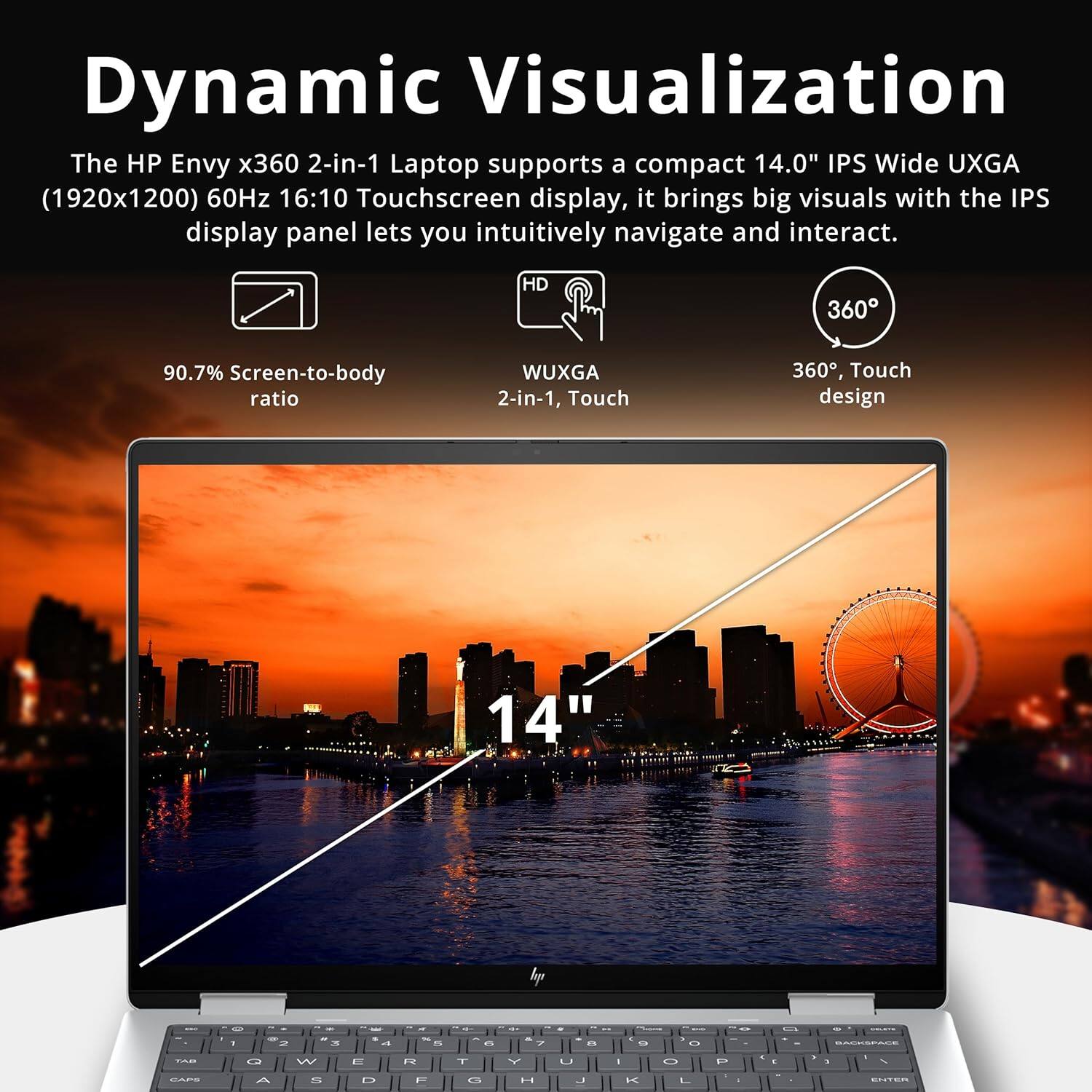 Dynamic Visualization

The HP Envy x360 2-in-1 Laptop supports a compact 14.0" IPS Wide UXGA (1920x1200) 60Hz 16:10 Touchscreen display, it brings big visuals with the IPS display panel lets you intuitively navigate and interact.

90.7% Screen-to-body ratio
WUXGA 2-in-1, Touch
360°, Touch design
14"