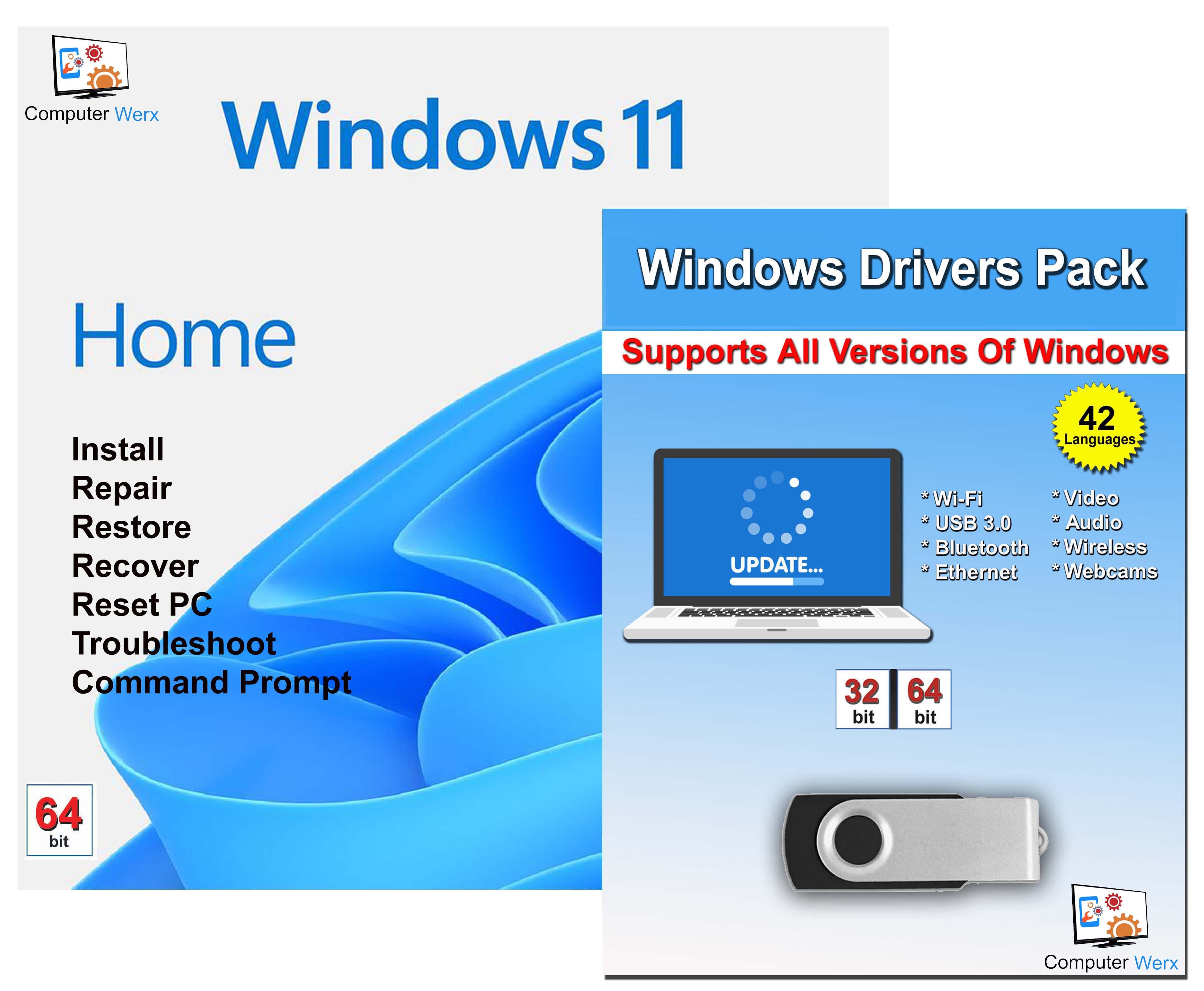 Computer Werx - Windows 11 Home 64 bit Repair Recover Restore Reinstall USB with Key & Windows Drivers - Windows