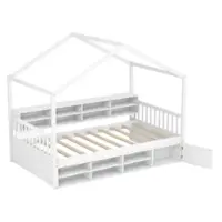 Costway Twin Size House Bed Wooden Platform Bed Frame with Roof & 14 Storage Cubes - White - Front_Zoom
