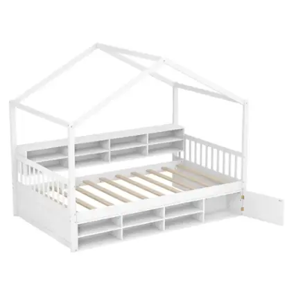 Front. Costway - Twin Size House Bed Wooden Platform Bed Frame with Roof & 14 Storage Cubes - White.