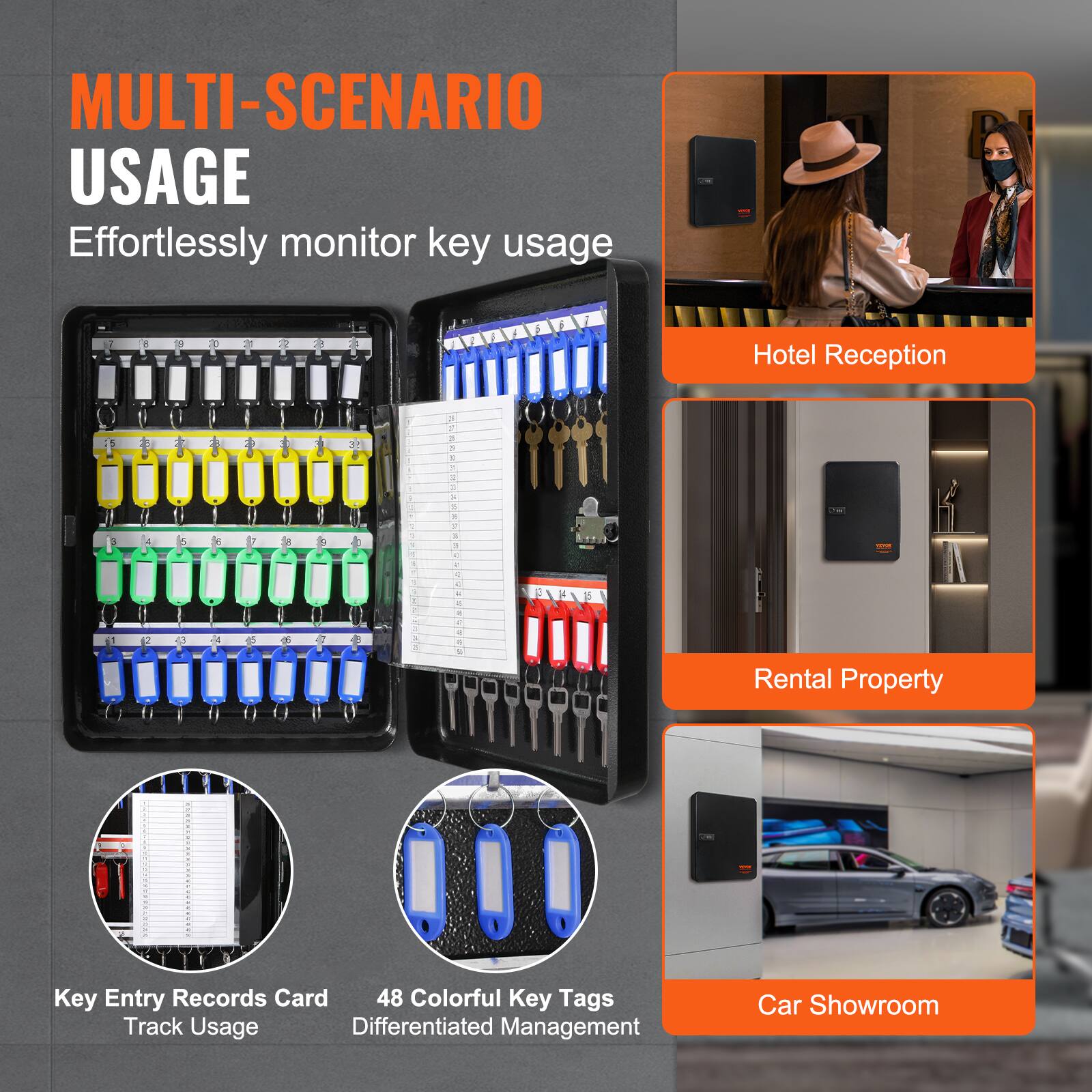 **MULTI-SCENARIO USAGE**

Effortlessly monitor key usage

- Hotel Reception
- Rental Property
- Car Showroom

Key Entry Records Card  
Track Usage

48 Colorful Key Tags  
Differentiated Management