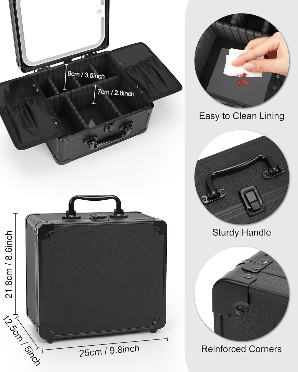 - 9cm / 3.5inch
- 7cm / 2.8inch
- Easy to Clean Lining
- 21.8cm / 8.6inch
- 12.5cm / 5inch
- 25cm / 9.8inch
- Sturdy Handle
- Reinforced Corners