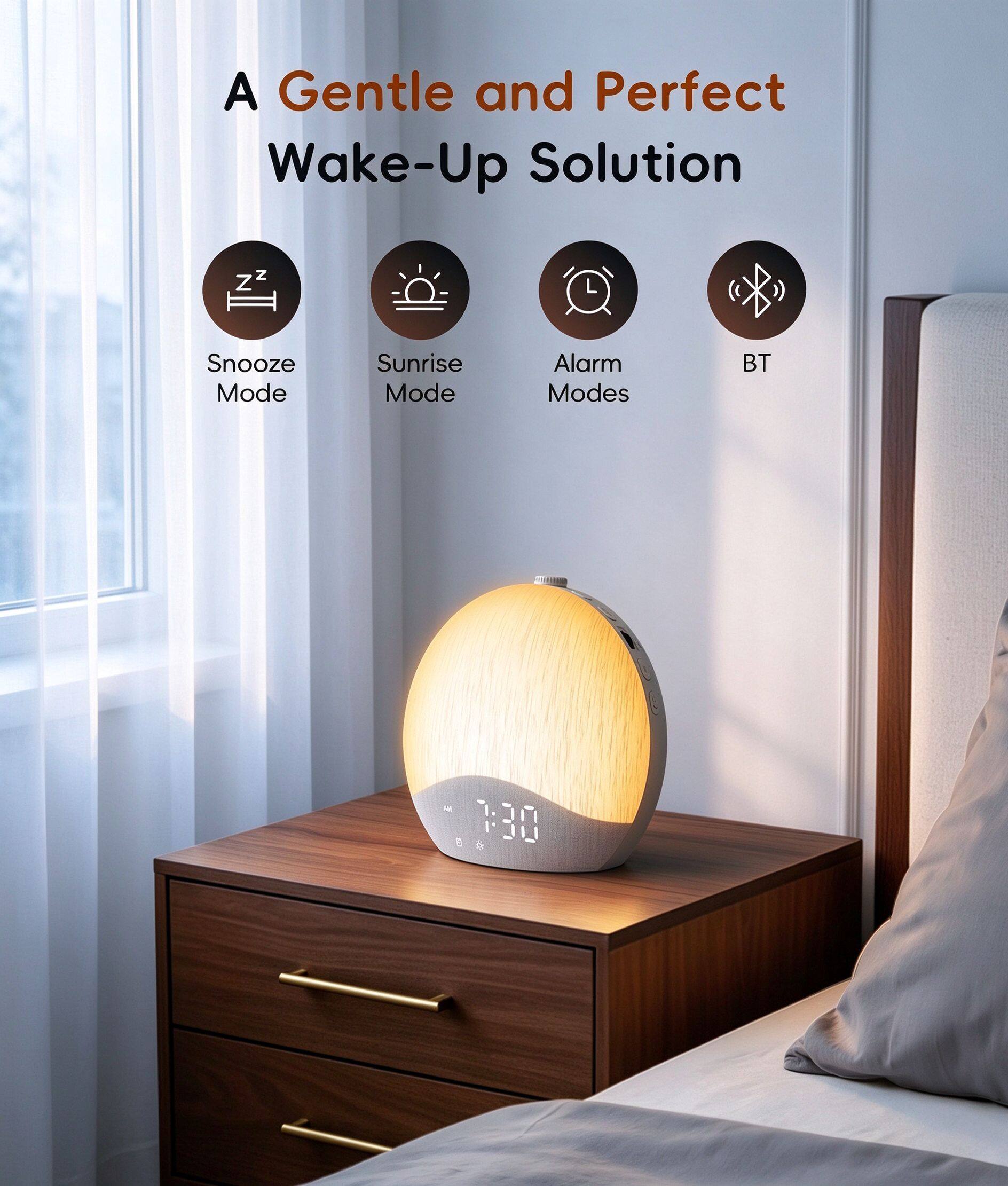 A Gentle and Perfect Wake-Up Solution

- Snooze Mode
- Sunrise Mode
- Alarm Modes
- BT