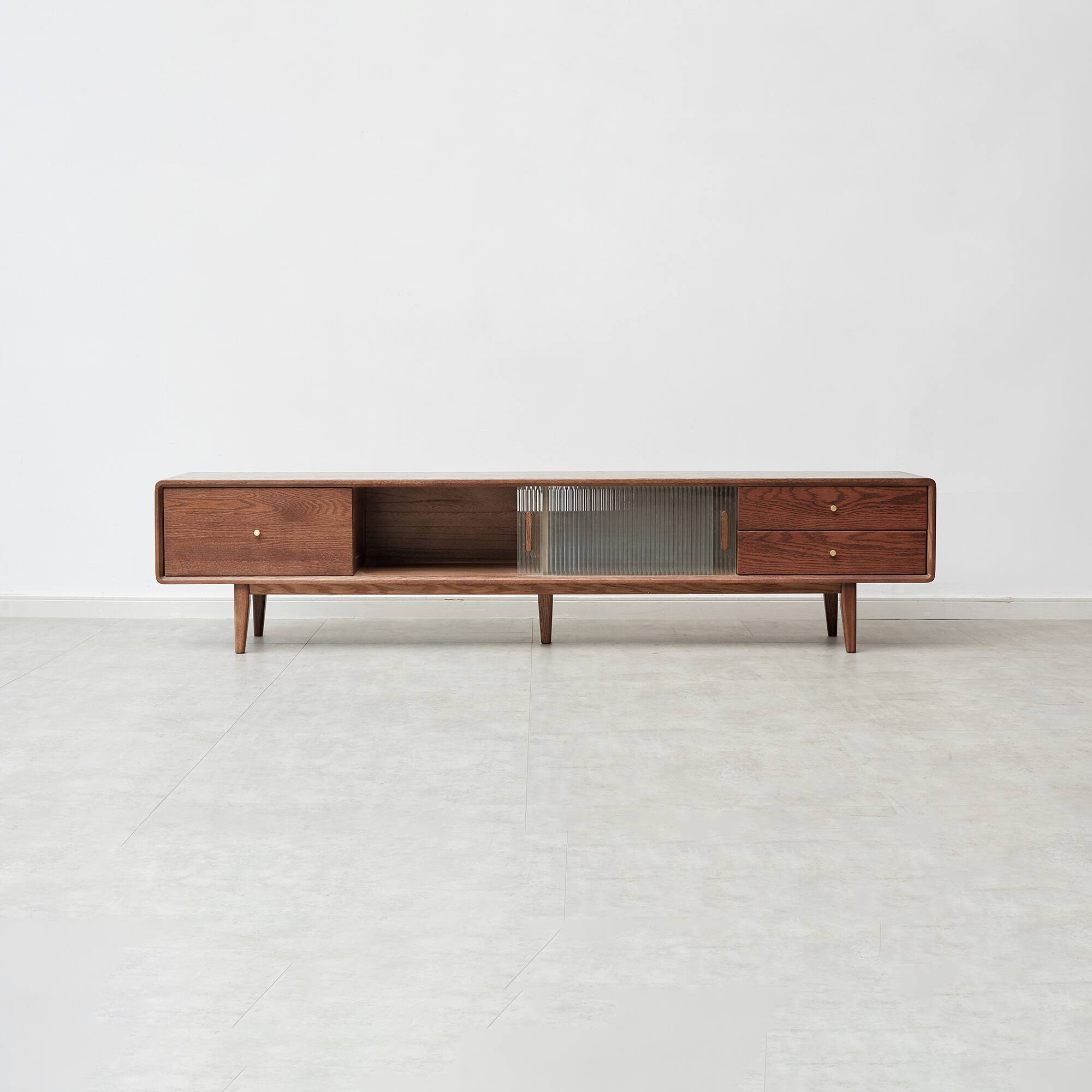 Alt View 4. Spaco - Spaco Solid Oak TV Cabinet, Walnut Color with Glass Doors and 2 Drawers, for Living Room - Walnut.