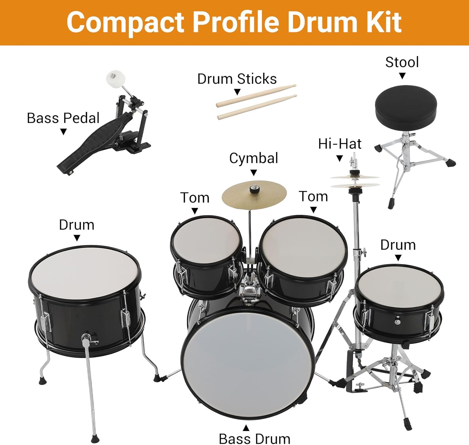 Compact Profile Drum Kit

- Bass Pedal
- Drum Sticks
- Stool
- Cymbal
- Hi-Hat
- Tom
- Drum
- Bass Drum