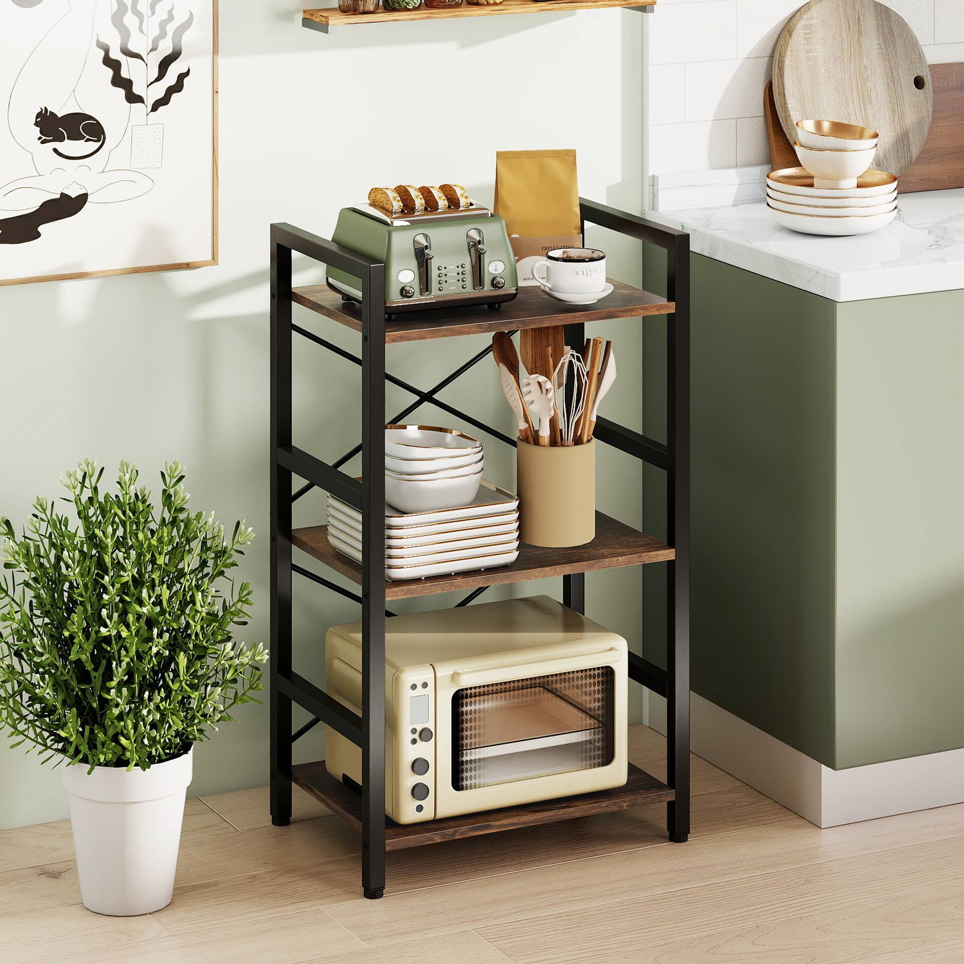 Alt View 3. Costway - Costway 2 PCS 3-Tier Bookshelf with Metal Frame & Wooden Storage Racks for Living Room Study - Rustic Brown + Black.