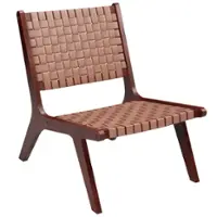 Costway Woven Leather Accent Chair Mid Century Rubber Wood Armless Side Chair - Brown - Front_Zoom