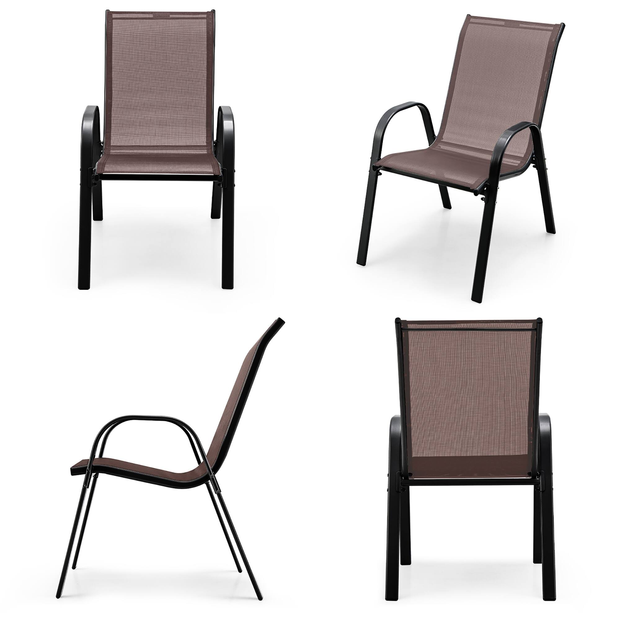 Alt View 9. Gymax - Gymax 4PCS Patio Stacking Dining Chairs w/ Curved Armrests & Breathable Seat Fabric Brown - Brown.