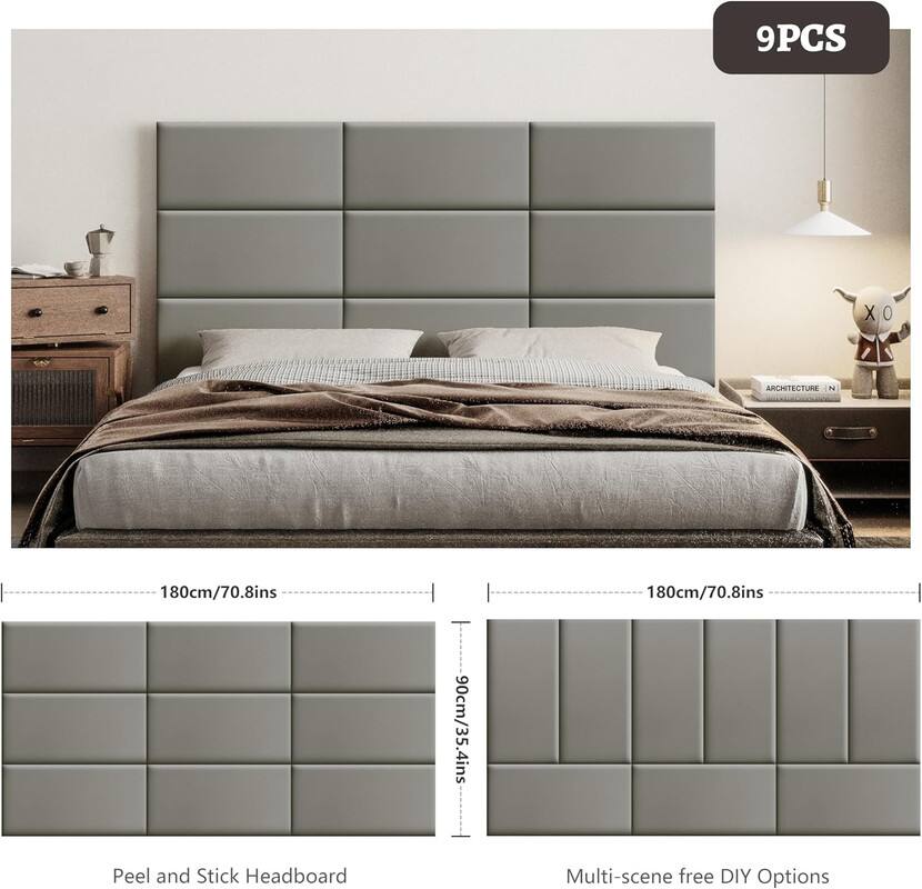 9PCS, 180cm/70.8ins, 180cm/70.8ins, 90cm/35.4ins, Peel and Stick Headboard, Multi-scene free DIY Options