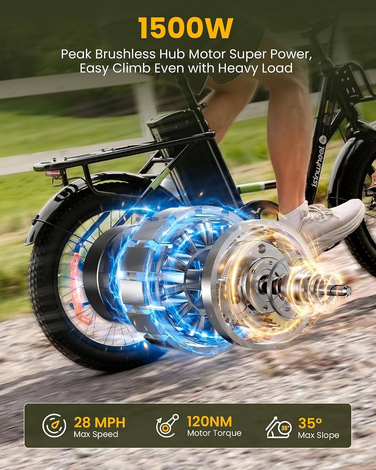 1500W Peak Brushless Hub Motor Super Power, Easy Climb Even with Heavy Load

isinwheel

28 MPH Max Speed

120NM Motor Torque

35° Max Slope