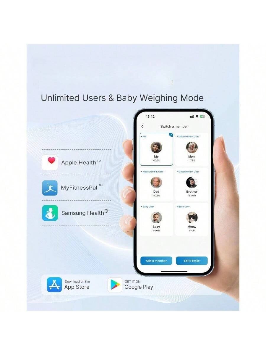 Unlimited Users & Baby Weighing Mode

Switch a member

- Me
  - 100.6 lb
  - Measurement User

- Mom
  - 117.6 lb
  - Measurement User

- Dad
  - 180.8 lb
  - Measurement User

- Brother
  - 162.6 lb
  - Measurement User

- Baby
  - 45.0 lb
  - Baby User

- Meow
  - 8.4 lb
  - Baby User

Add a member
Edit Profile

Apple Health™
MyFitnessPal™
Samsung Health®

Download on the App Store
GET IT ON Google Play