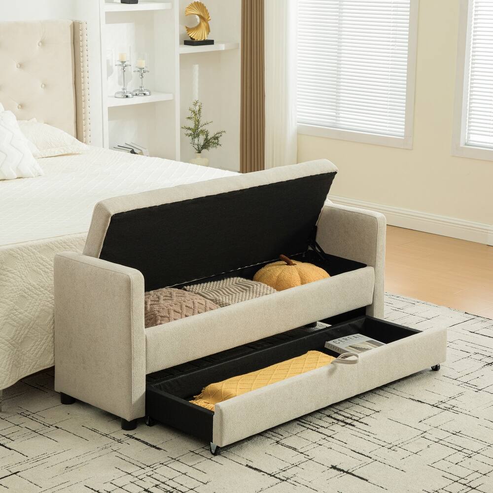 Alt View 3. Ropilly - Ropilly Modern Upholstered Storage Bench with Rolled Armrests Griege Napped Fabric Entryway Bedroom Bench - Griege.