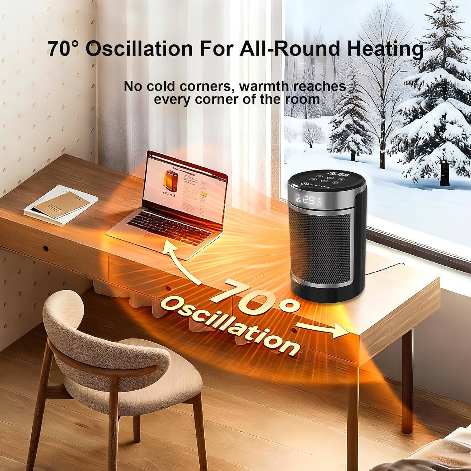 Alt View 2. OSTBA - Space Heater, 1500W Electric Heater with Thermostat, 70° Oscillation, Remote & 24H Timer, Tip-Over/Overheat Protection - Black.