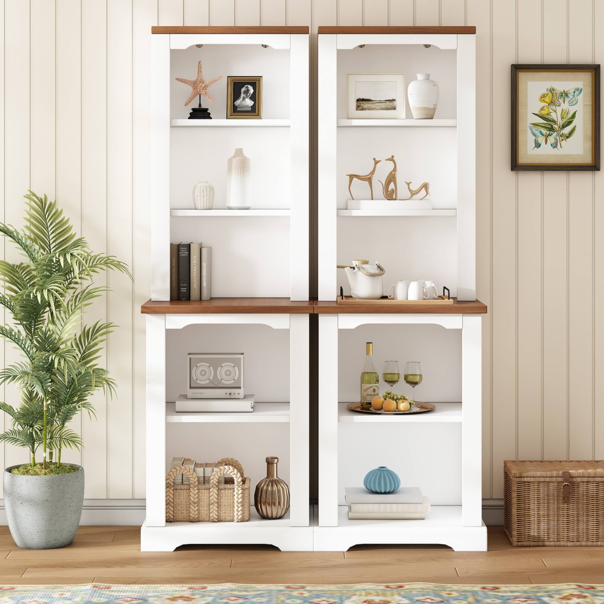 Angle. Whisen - 2-Piece Curved Design Tall Storage Cabinet, Open Bookshelf Display Case for Primary Living Space - White.
