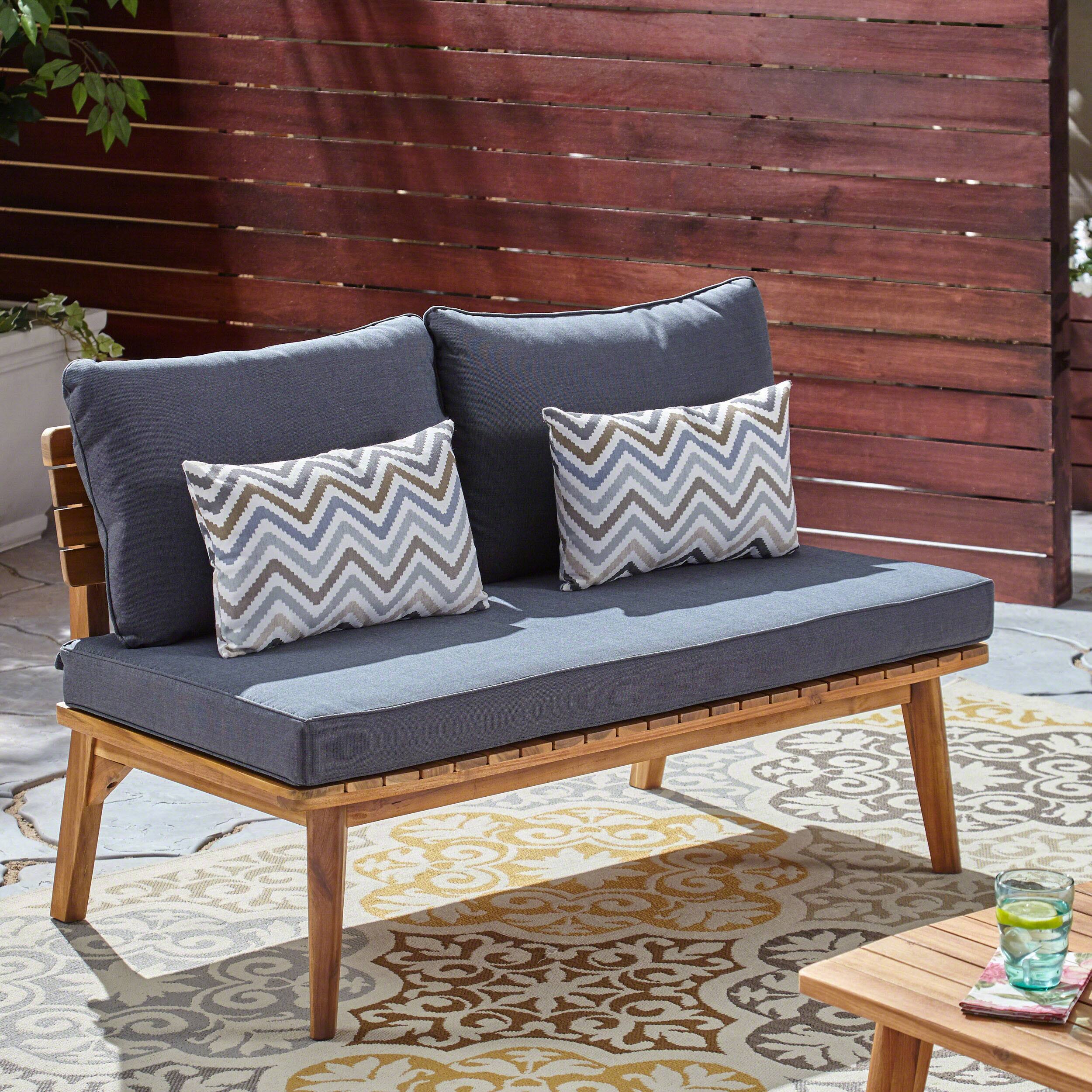 Angle. Mondawe - Modern Acacia Wood Outdoor Loveseat with Weather-Resistant Cushions - Grey.