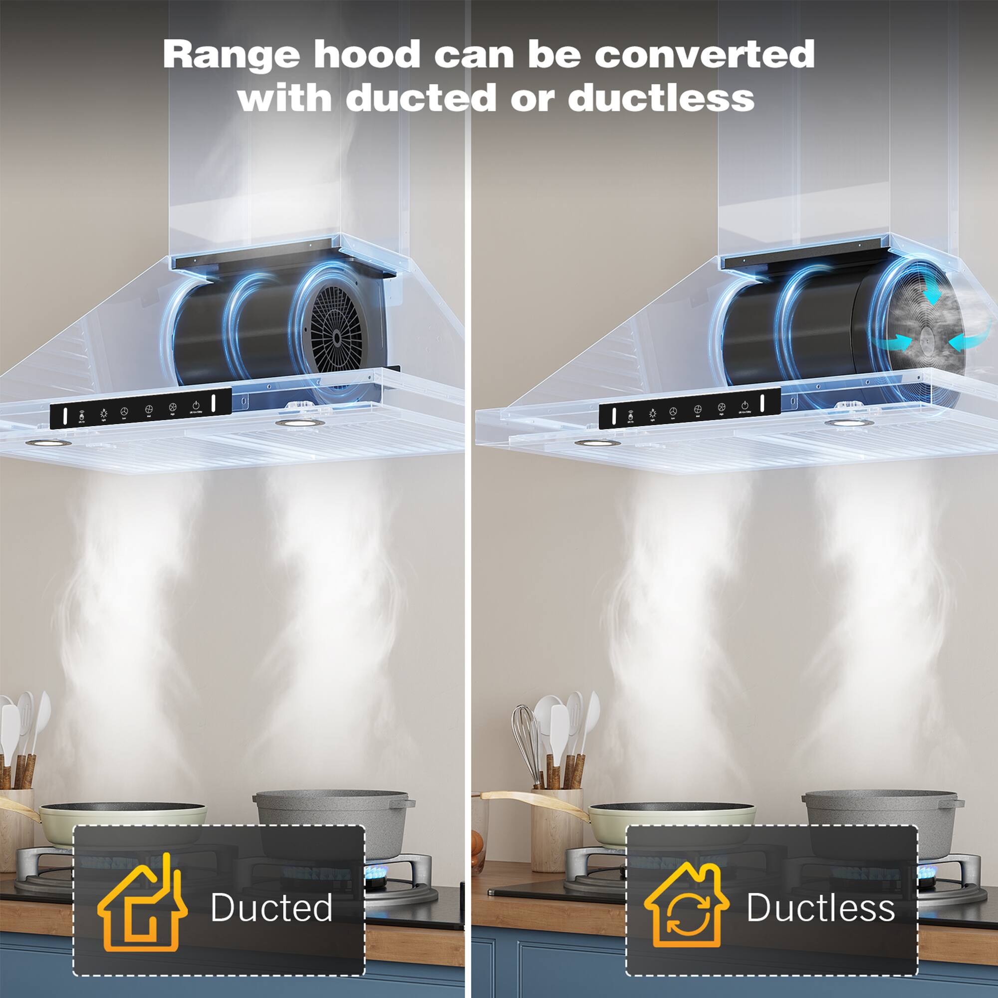 Range hood can be converted with ducted or ductless Ducted Ductless