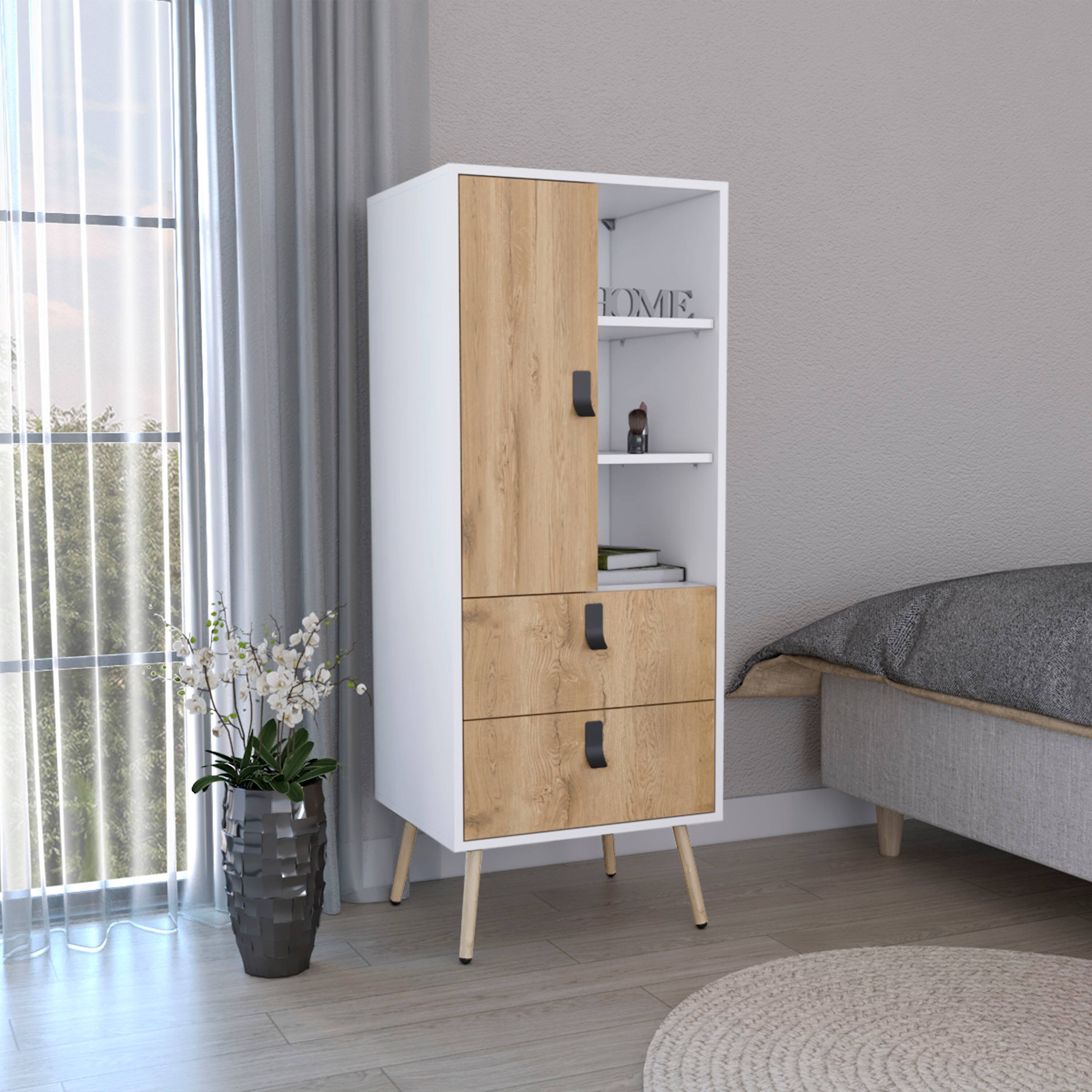 Angle. TuHome - Huna Tall Dresser, Unit With Door, 2 Drawers, And Open Shelves - White / Macadamia.