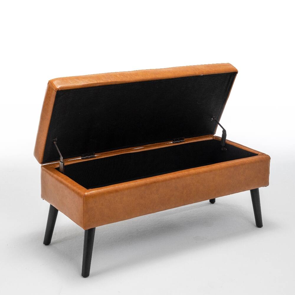 Alt View 8. Ropilly - Ropilly 43.3 Inch Brown Leather Storage Bench End of Bed Ottoman Entryway Bench with Wood Legs - Brown.