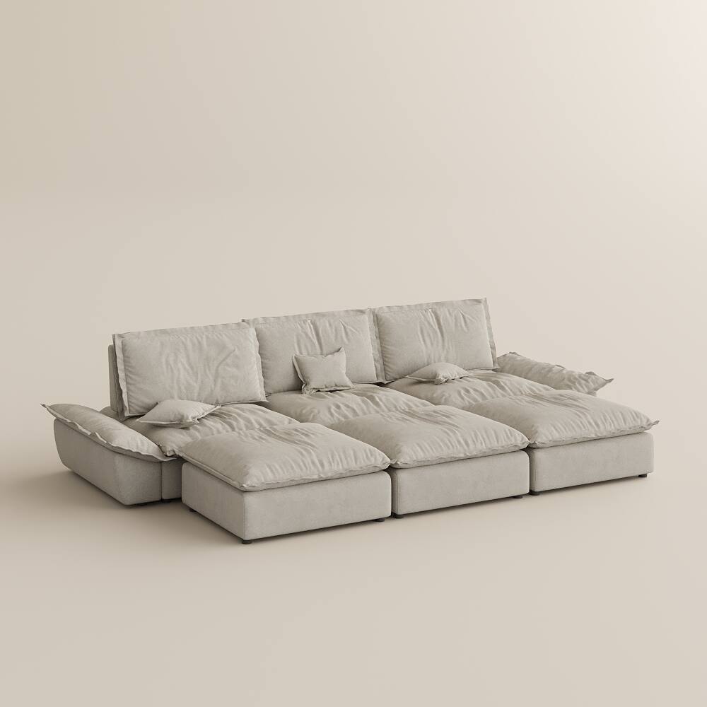 Alt View 8. POVISON - Modern Beige Sleeper Sofa with 3 Ottomans - Beige Suede Fabric.