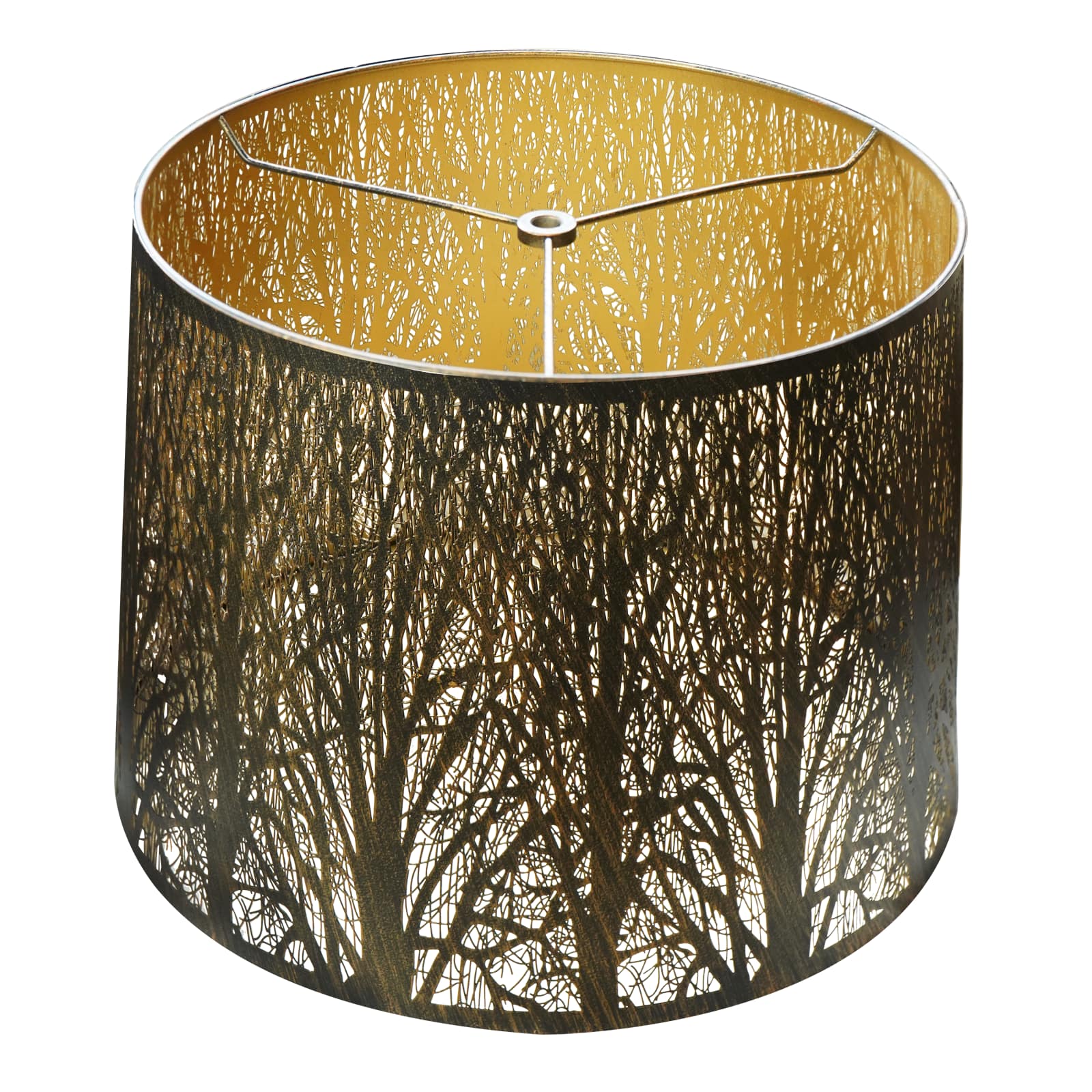 Alucset - Large Metal Drum Lamp Shade Replacement for Table and Floor Lamp - Trees Pattern - Antique Bronze Exterior Gold Interior - Antique Bronze & Gold
