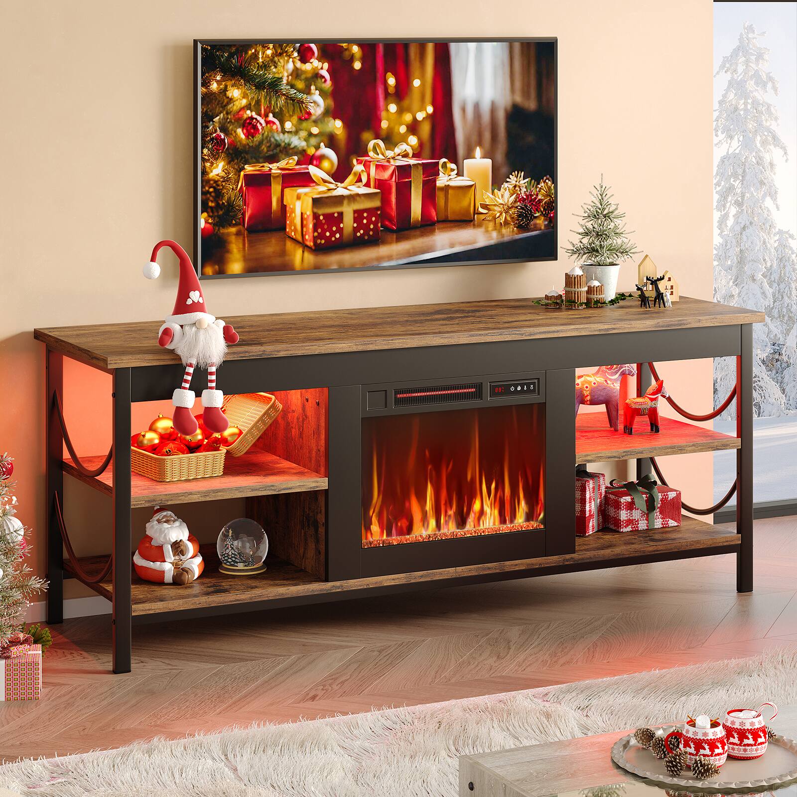 Left. Pinmoco - Pinmoco - Electric Fireplace TV Stand Fit for TVs up to 65 Inch Gaming Entertainment Center with Open Storage Shelves - Rustic Brown.