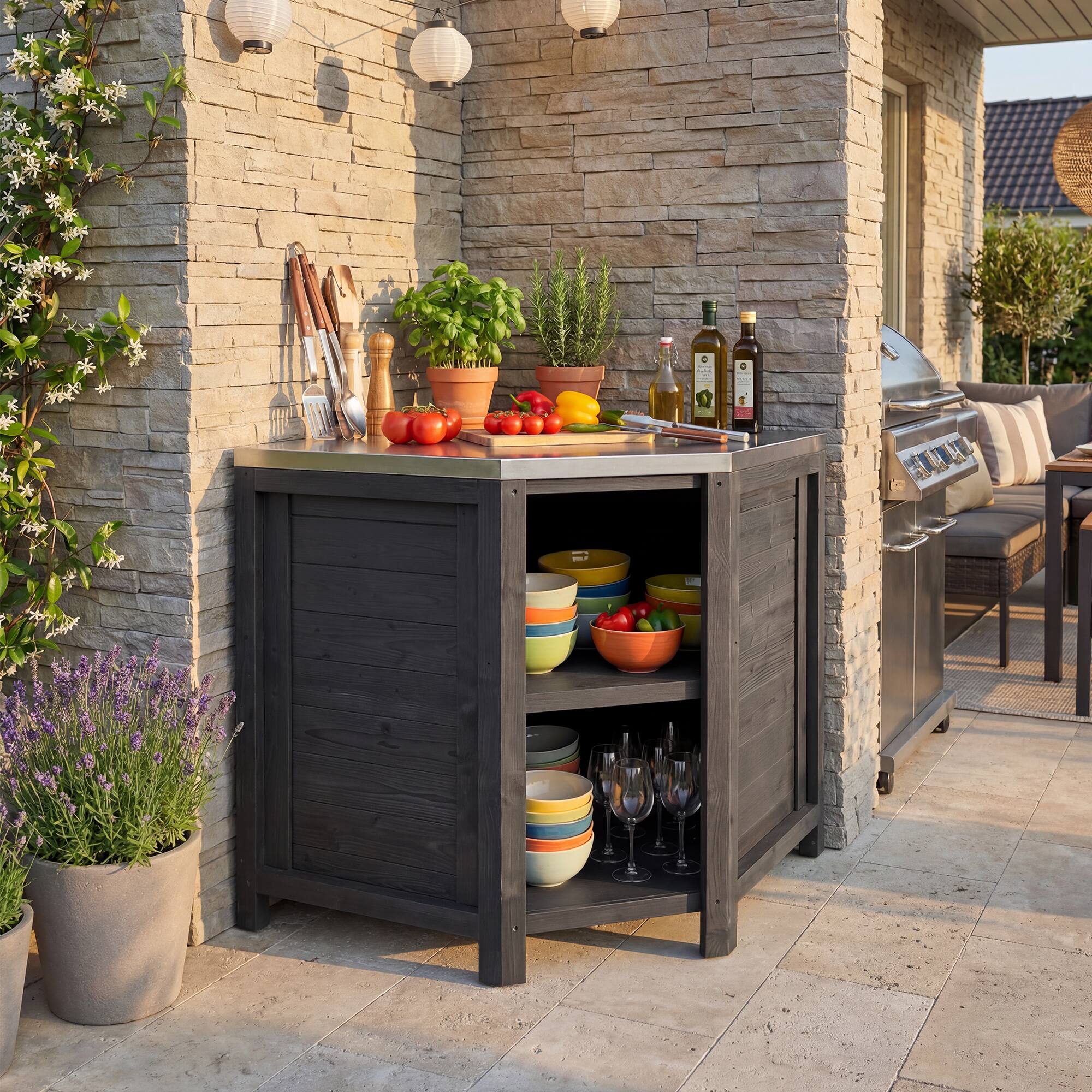 Angle. Famapy - Modular Solid Cedar Outdoor Kitchen Cabinets - All-Weather Storage with Stainless Steel Top for Patio, Grill Station - Carbon Black.