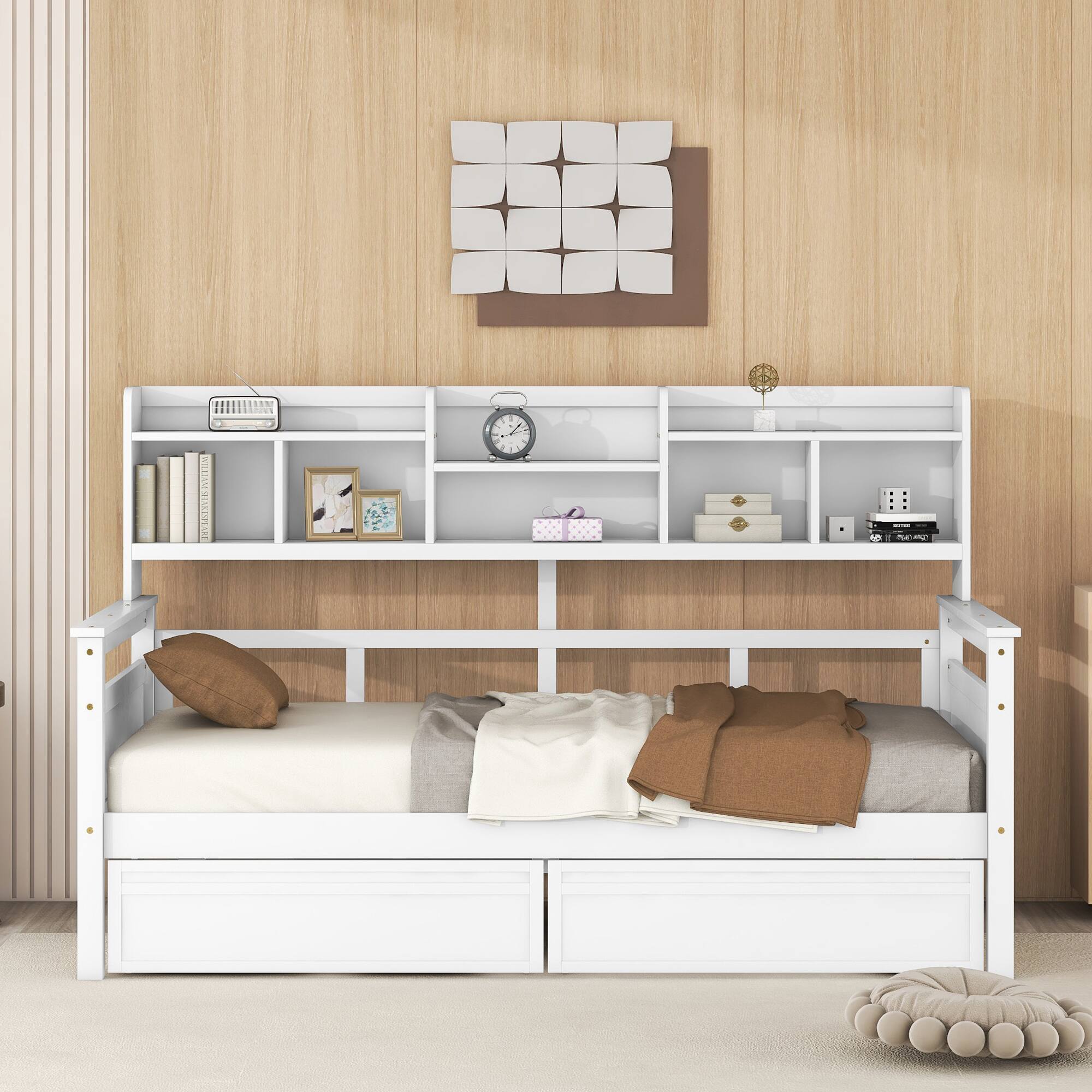 Left. Aukfa - Twin size Daybed, Wood Slat Support, with Bedside Shelves and Two Drawers - White.