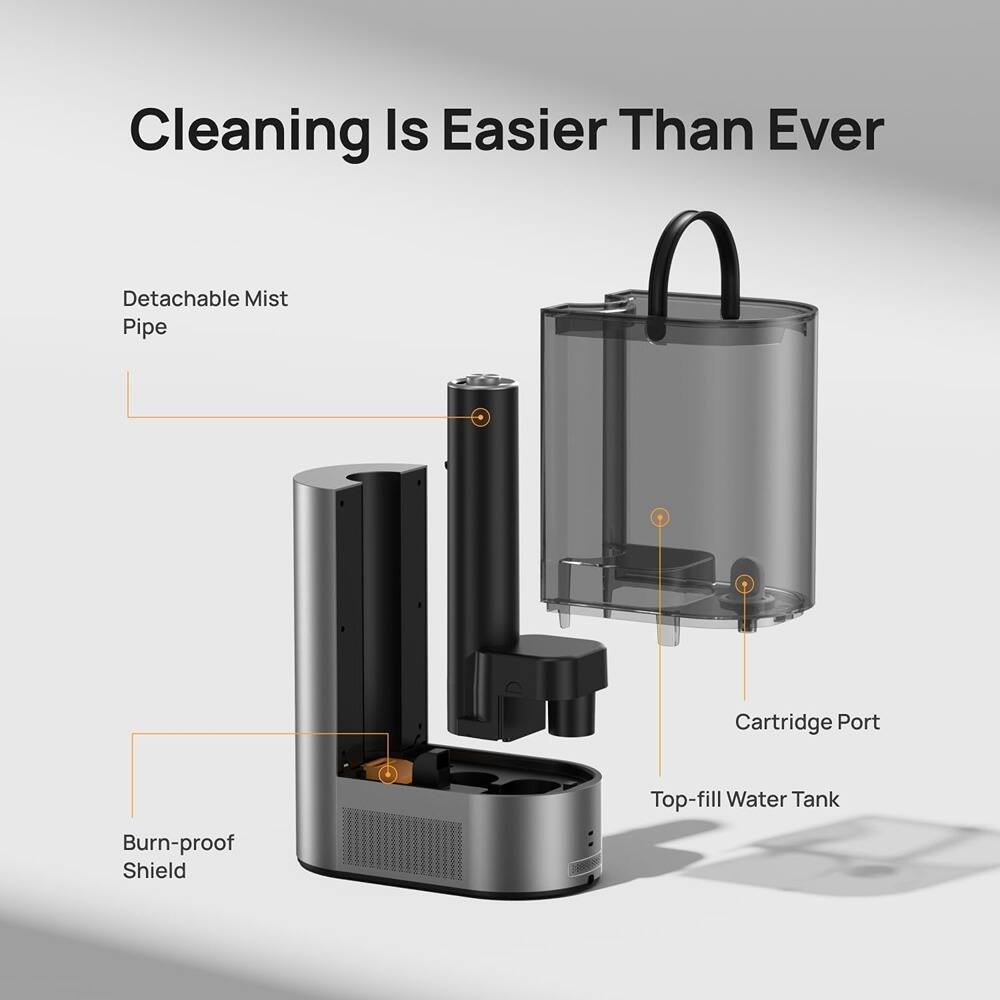 Cleaning Is Easier Than Ever

- Detachable Mist Pipe
- Cartridge Port
- Top-fill Water Tank
- Burn-proof Shield