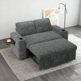 Vipbear - 65.5" Chenille Sofa Adjustable Backrest with Hidden Storage Box, Side Storage Bag USB Charging Side Table &Cup Holder - Dark Gray