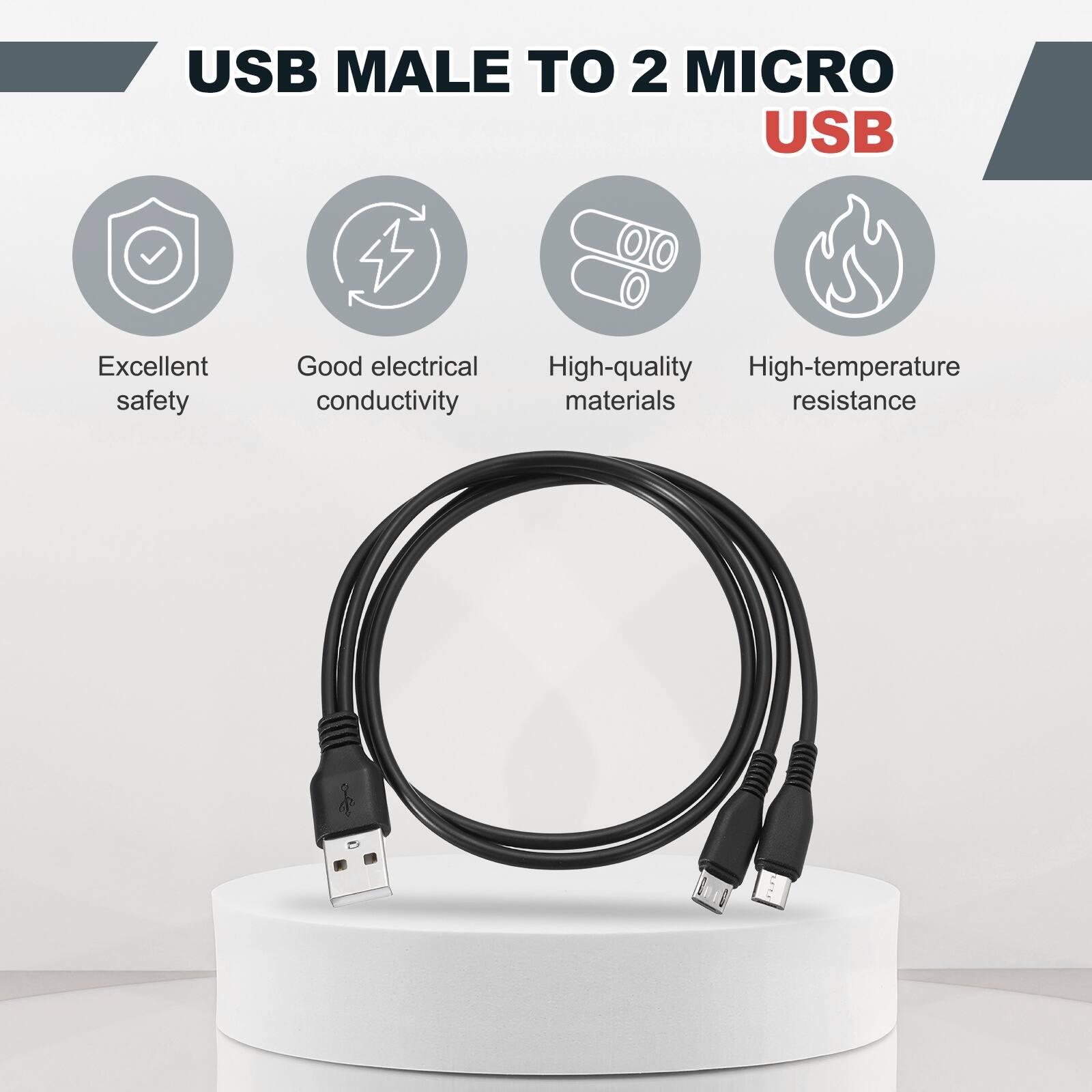 USB MALE TO 2 MICRO USB

- Excellent safety
- Good electrical conductivity
- High-quality materials
- High-temperature resistance