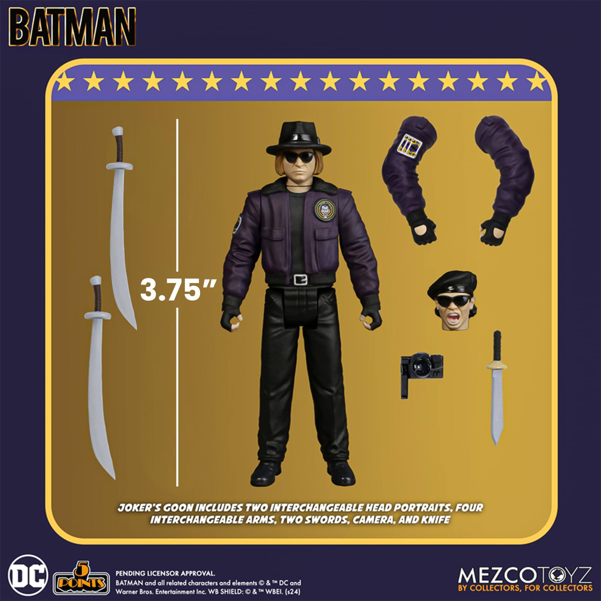 BATMAN 3.75" JOKER'S GOON INCLUDES TWO INTERCHANGEABLE HEAD PORTRAITS. FOUR INTERCHANGEABLE ARMS, TWO SWORDS, CAMERA, AND KNIFE PENDING LICENSOR APPROVAL DC DONTS BATMAN and all related characters and elements  & - DC and Warner Bros. Entertainment Inc. WB SHIELD:  & - WBEL (124) MEZCOTOYZ BY COLLECTORS, FOR COLLECTORS