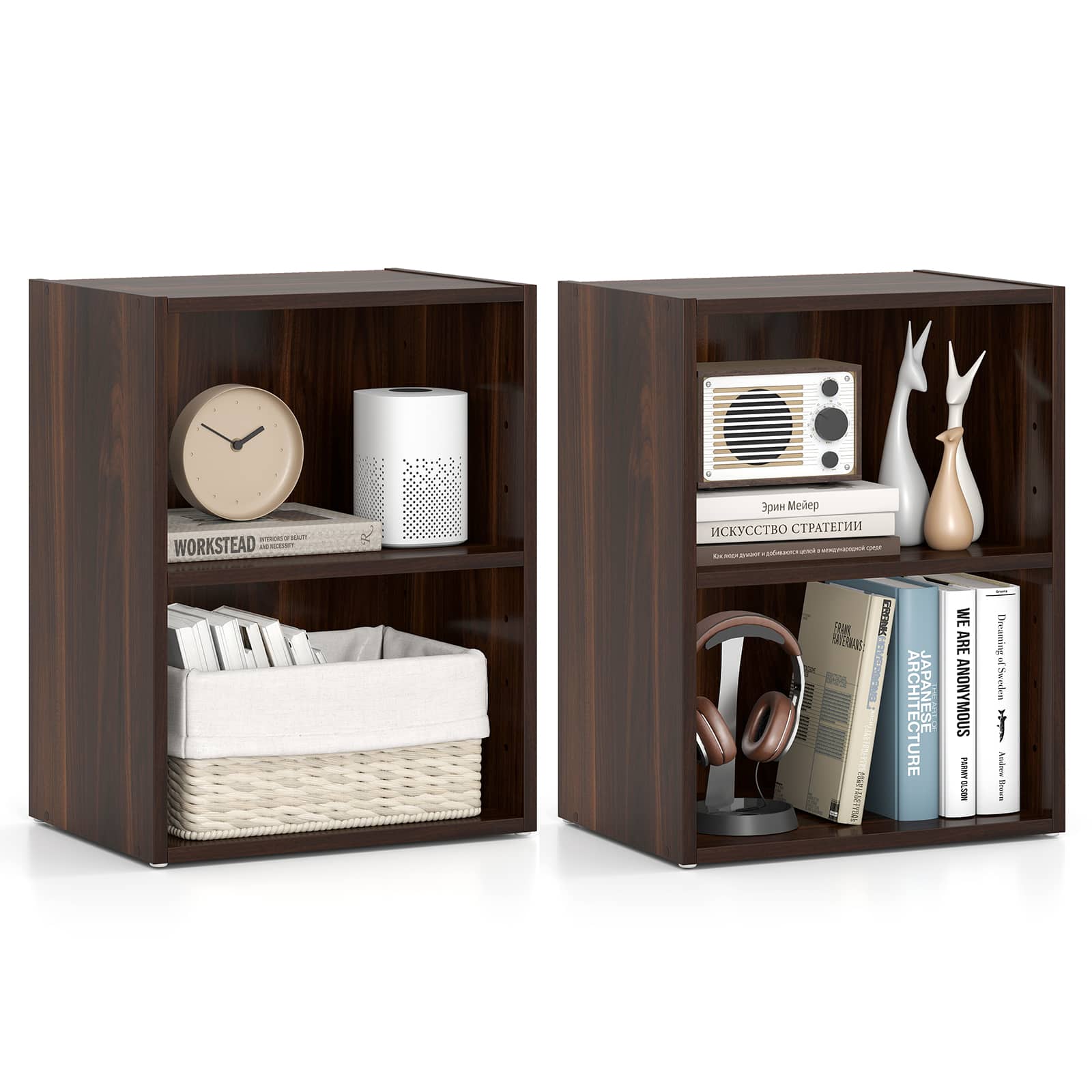 Gymax - 2 Set Of 2-Cube Bookcase DIY Cube Storage Organizer w/ 7-Position Adjustable Shelf Brown - Walnut price history on PriceWatchPro