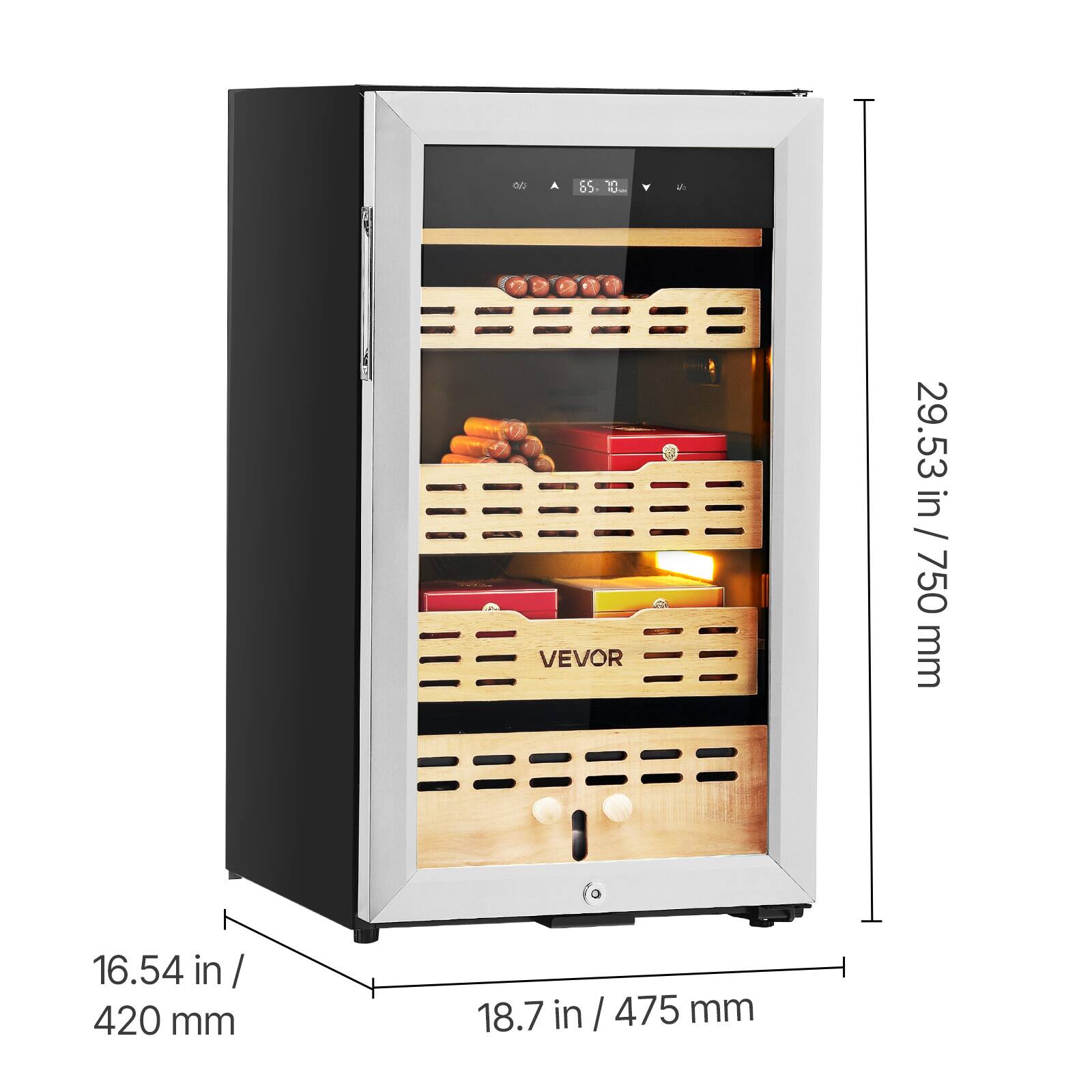 - Height: 29.53 in / 750 mm
- Width: 18.7 in / 475 mm
- Depth: 16.54 in / 420 mm