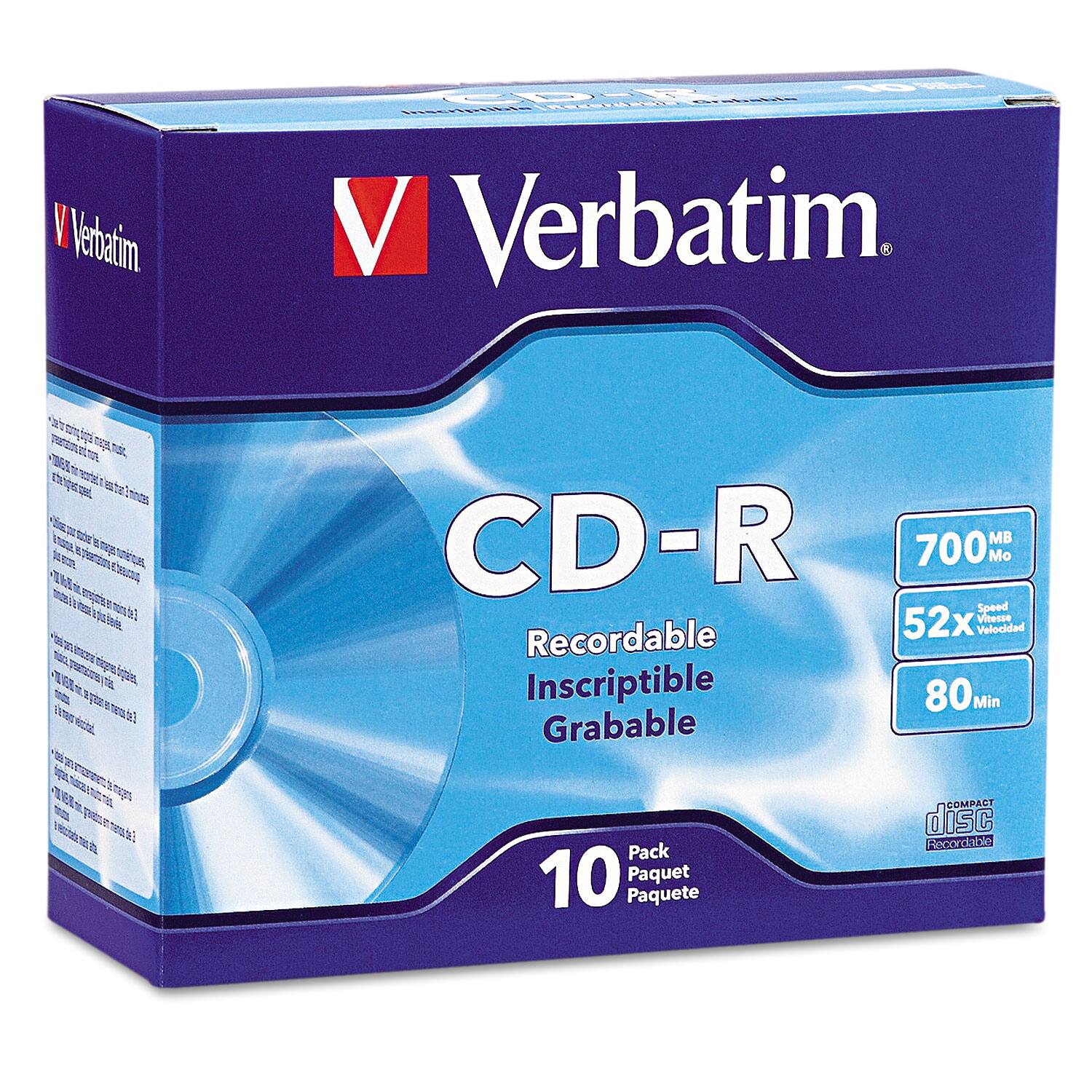 Verbatim  
CD-R  
Recordable  
Inscriptible  
Grabable  

700 MB  
52x Speed  
80 Min  

10 Pack  
Paquet  
Paquete  

COMPACT disc Recordable