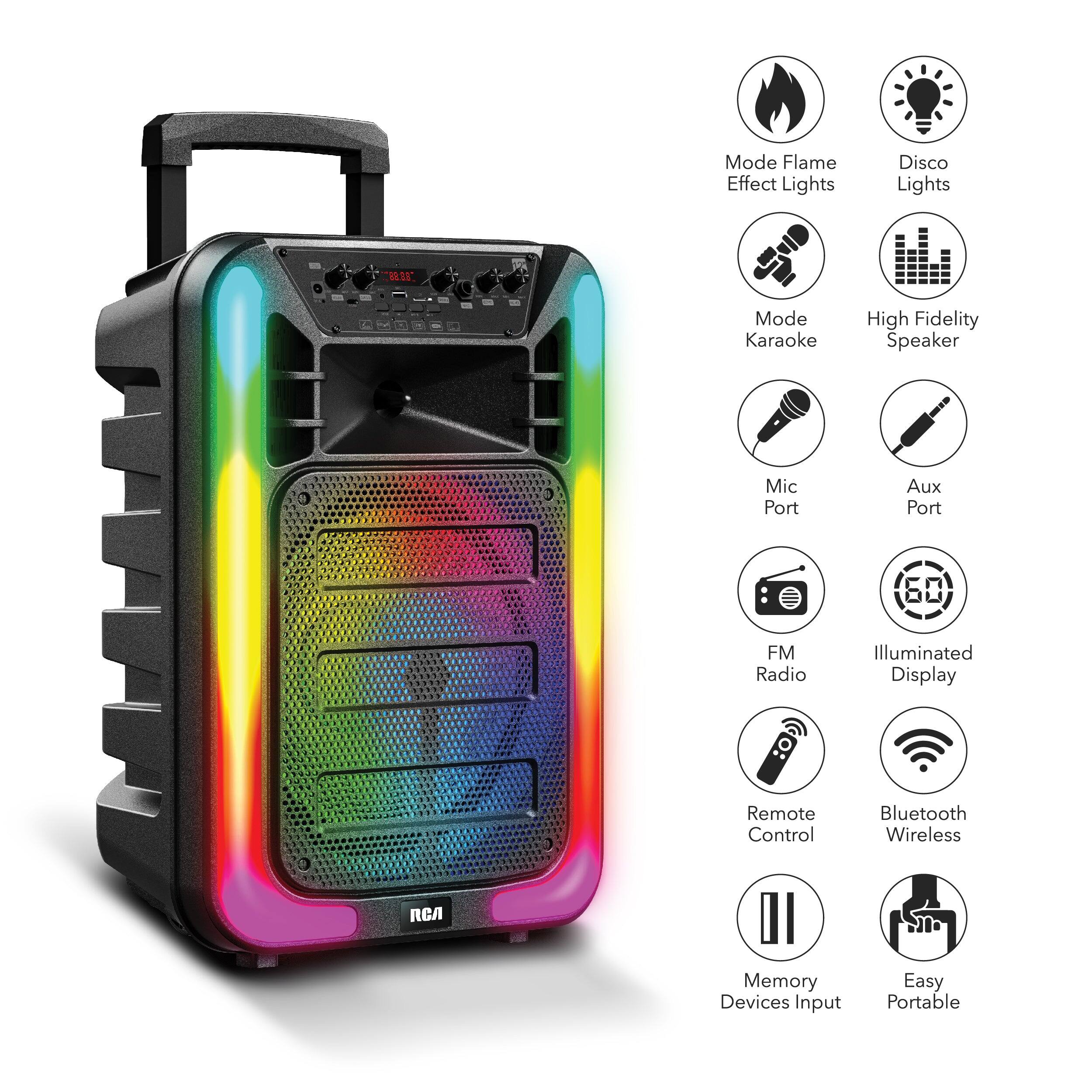 - Mode Flame Effect Lights
- Disco Lights
- Mode Karaoke
- High Fidelity Speaker
- Mic Port
- Aux Port
- FM Radio
- Illuminated Display
- Remote Control
- Bluetooth Wireless
- Memory Devices Input
- Easy Portable