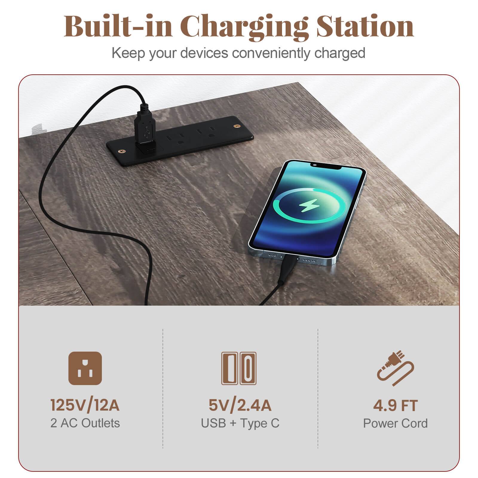 Built-in Charging Station  
Keep your devices conveniently charged

- 125V/12A  
  2 AC Outlets

- 5V/2.4A  
  USB + Type C

- 4.9 FT Power Cord