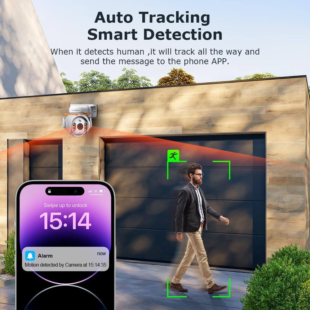 Auto Tracking Smart Detection  
When it detects human, it will track all the way and send the message to the phone APP.  

Swipe up to unlock  
15:14  
Alarm now  
Motion detected by Camera at 15:14:35