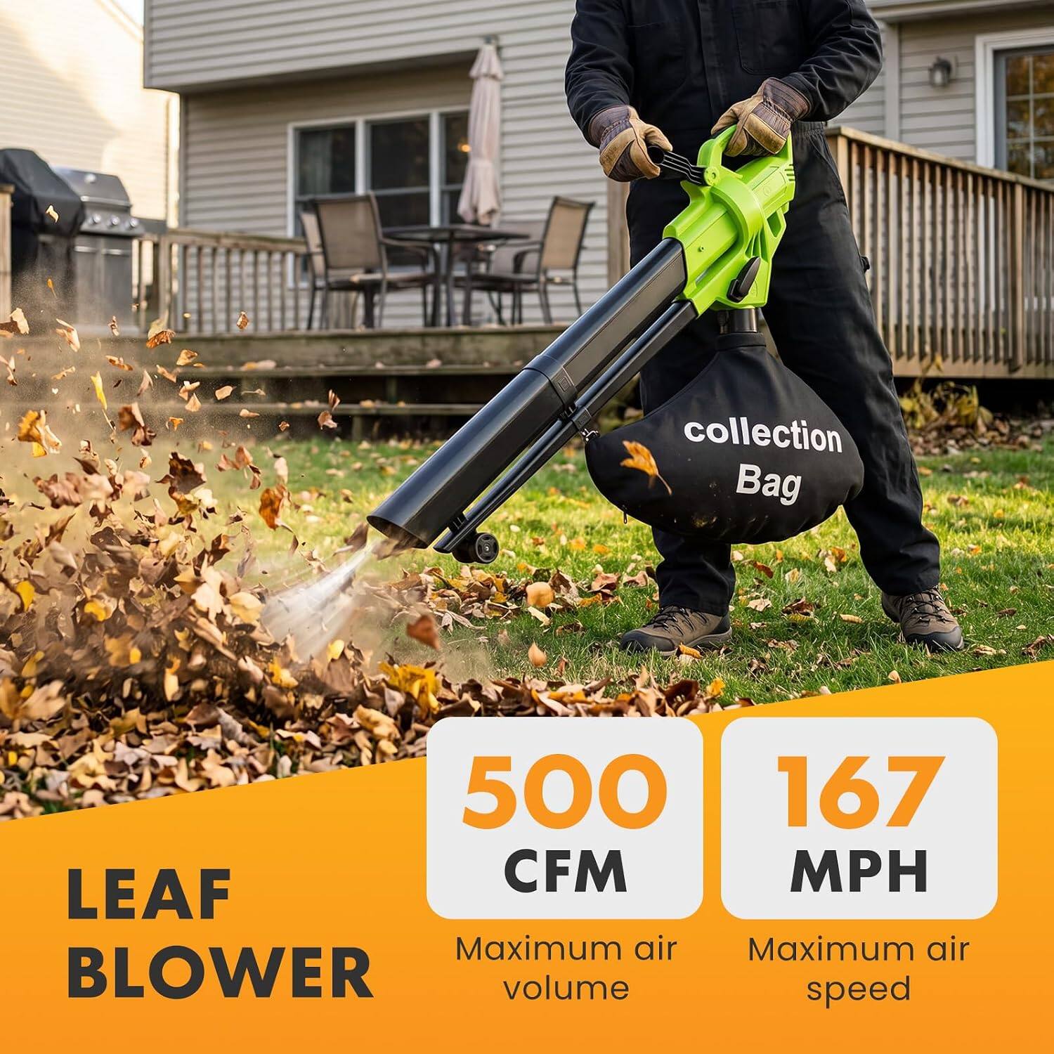 collection Bag

500 CFM
167 MPH

LEAF BLOWER

Maximum air volume
Maximum air speed