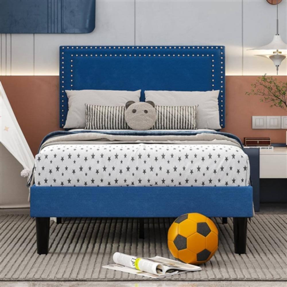 Left. Hivvago - Set of 2 - Twin Dark Blue Upholstered Platform Bed with Nailhead Trim Headboard - Dark Blue.