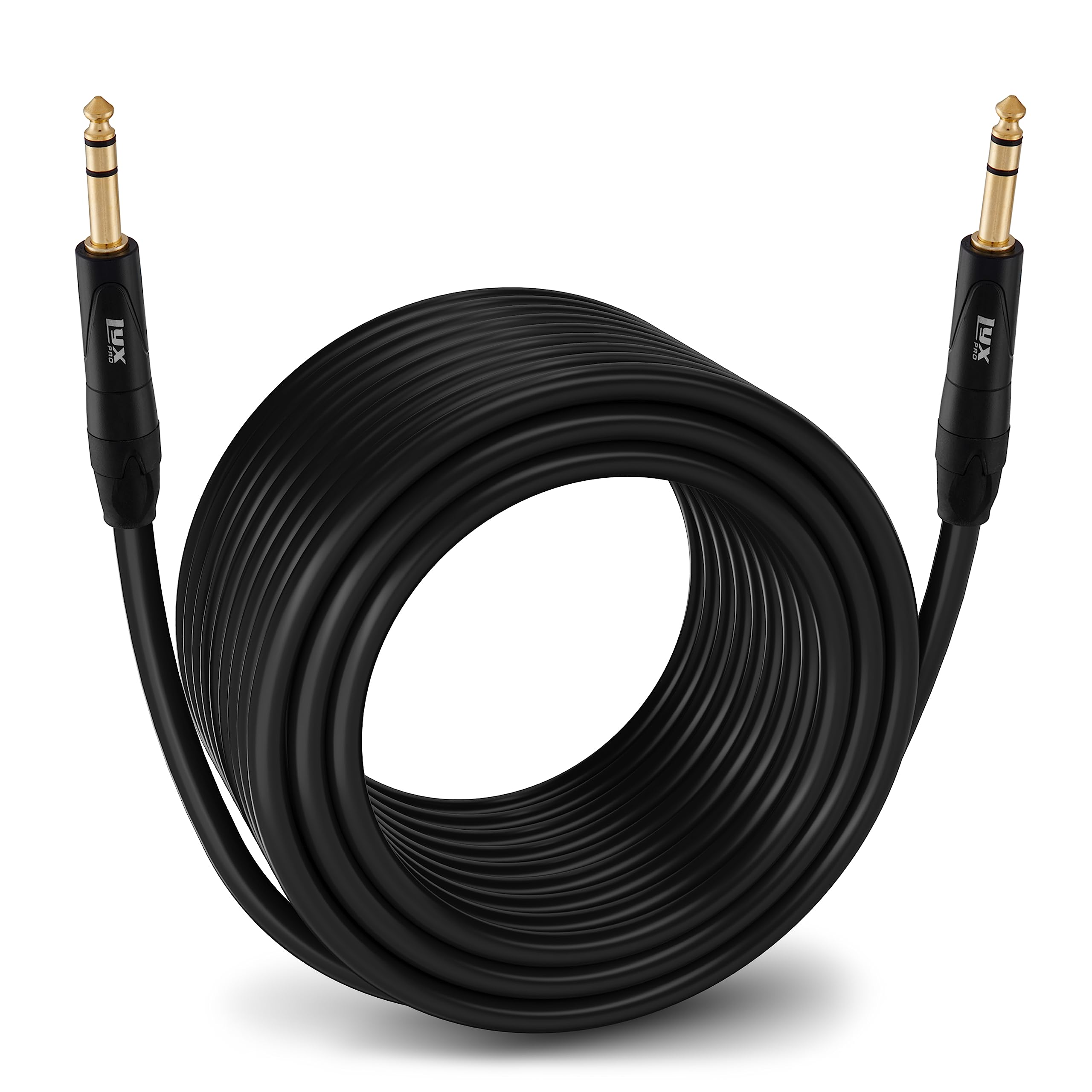 Front. Lyxpro - 100 Feet ¼ TRS to ¼ TRS Balanced Audio Cable, Professional Grade Heavy Duty Male to Male - Black.