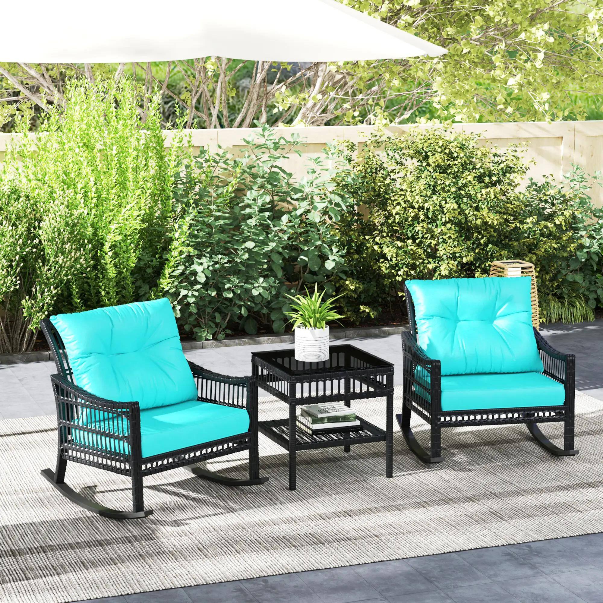 Alt View 8. Resenkos - Resenkos 3-Piece Patio Bistro Set,PE Rattan, Rocking Chair with Tempered Glass Table Top, Turquoise Green - Turquoise Green.