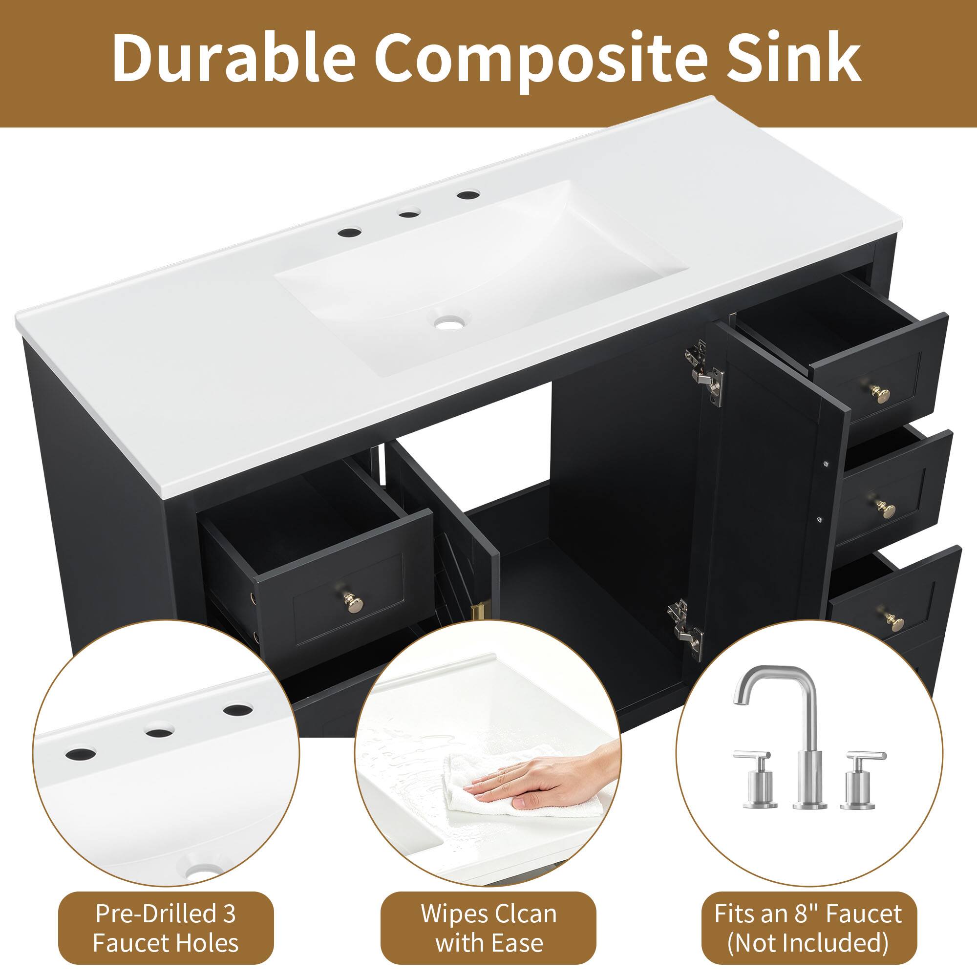 Durable Composite Sink  
Pre-Drilled 3 Faucet Holes  
Wipes Clean with Ease  
Fits an 8" Faucet (Not Included)