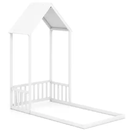 Front. Costway - Costway Twin Size House Bed Montessori Floor Bed with House Shape Roof & Semi-Fence - White.
