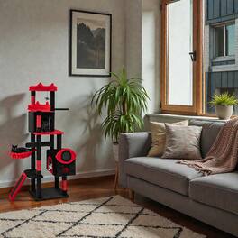 BreeBe - Oversized Gothic-Style Cat Tower with Plush Perches and Hideaway Condos - Black & Red