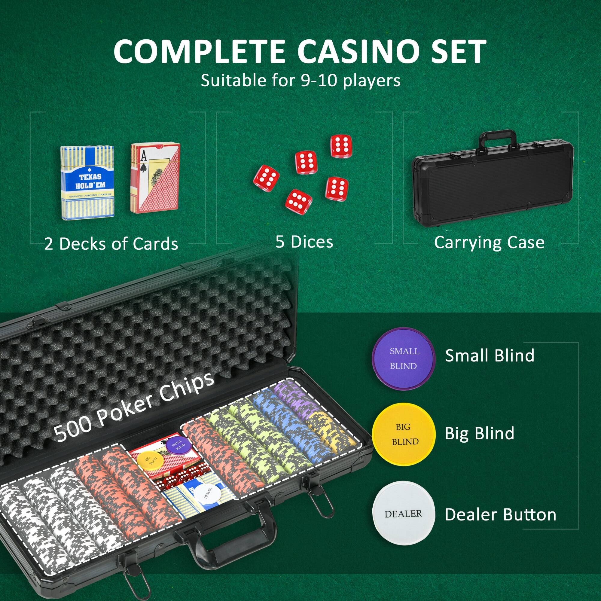 COMPLETE CASINO SET  
Suitable for 9-10 players

TEXAS HOLD'EM  
2 Decks of Cards  
5 Dices  
Carrying Case  
500 Poker Chips  
SMALL BLIND  
BIG BLIND  
DEALER  
Dealer Button