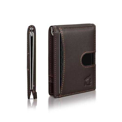 Front. Vulpecula Spade - Cash Clip Slim Leather Wallet for Men with RFID Blocking & Money Clip - Minimalist Front Pocket Bifold Wallet Holds 12 - Classic Brown.