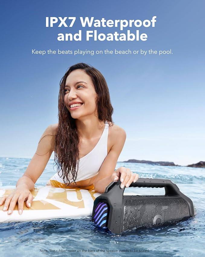 IPX7 Waterproof and Floatable  
Keep the beats playing on the beach or by the pool.  
Note: The rubber cover on the back of the speaker needs to be sealed.