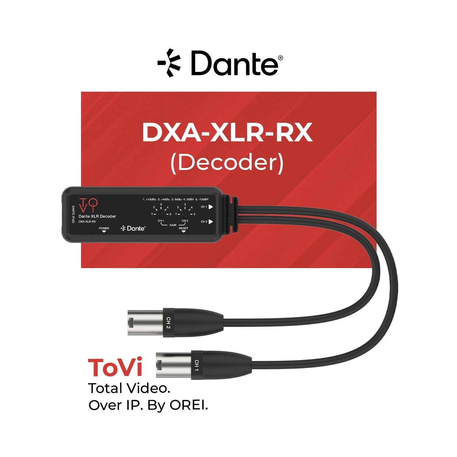 K Dante DXA-XLR-RX (Decoder) TO : OMAKAM Dante ORA XILR Decoder - 1 JSRL a - . -s 4 - 1  - - - - - - - -- . - d m -  Dante O CH  ToVi CH1 Total Video. Over IP. By OREI.