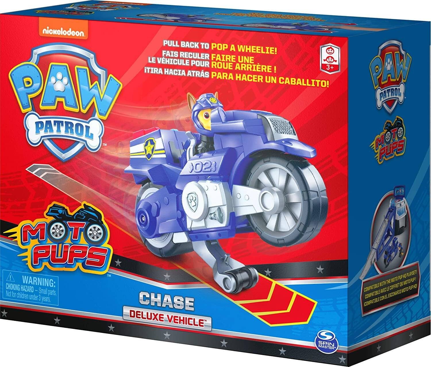 nickelodeon. PULL BACK TO POP A WHEELIE! FAIS RECULER LE VÉHICULE POUR ROUE ARRIÈRE! ITIRA HACIA ATRÁS PARA HACER UN CABALLITO! PAW PATROL 023  
PAW PATROL T M FUPS  
MOT PUPS TM ! CHOKING WARNING: HAZARD - Small parts. Not for children under 3 years. CHASE DELUXE VEHICLE  
OH PLAYSETI MOTO PUP PUP 1 WITH THE QG MGTO COMPATIBLE LE COFFRET PUP E AVEC MOTO COMPATIBLE EL ESCENARIO CON COMPATIBLE  
SPIN MASTER
