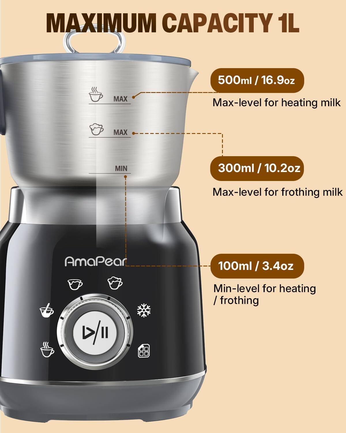 MAXIMUM CAPACITY 1L

500ml / 16.9oz
Max-level for heating milk

300ml / 10.2oz
Max-level for frothing milk

100ml / 3.4oz
Min-level for heating / frothing